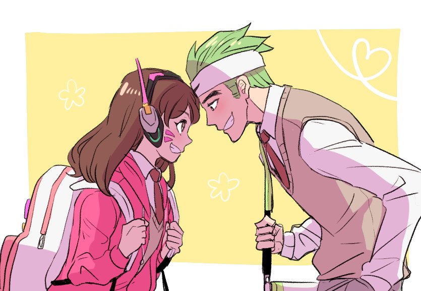 1boy 1girl :d backpack bag bangs brown_eyes brown_hair brown_pants collared_shirt d.va_(overwatch) dress_shirt eyebrows_visible_through_hair face-to-face facepaint from_side genji_(overwatch) green_hair grin hand_in_pocket headband hood hood_down hooded_jacket jacket jocheong long_hair long_sleeves looking_at_another necktie open_mouth overwatch pants profile school_uniform shirt short_hair shoulder_bag smile sweater_vest teeth whisker_markings white_shirt wing_collar