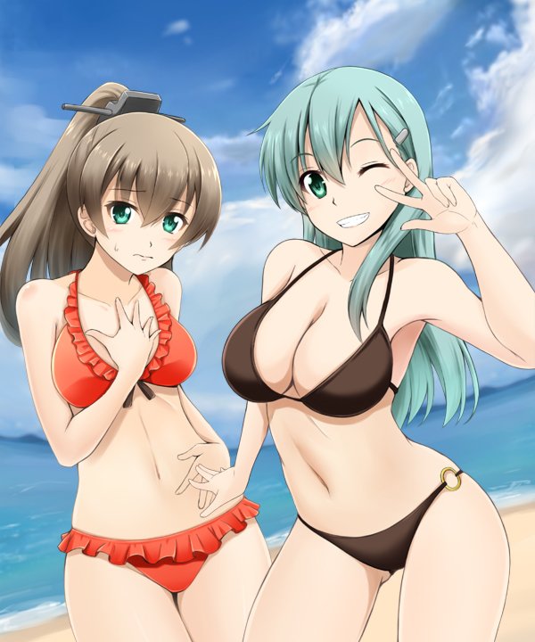 2girls aqua_hair beach bikini blue_eyes blush breasts brown_bikini brown_hair collarbone embarrassed eyebrows_visible_through_hair finger_to_eye frilled_bikini frills fuuma_nagi gluteal_fold green_eyes grin hair_between_eyes hair_ornament hairclip halterneck hand_on_own_chest hand_on_own_stomach kantai_collection kumano_(kantai_collection) large_breasts long_hair looking_at_viewer medium_breasts multiple_girls navel o-ring_bottom one_eye_closed outdoors ponytail red_bikini simple_background smile suzuya_(kantai_collection) swimsuit upper_body v white_background