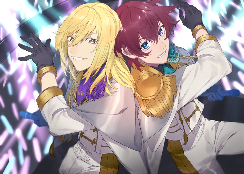 2boys alternate_costume asbel_lhant back-to-back black_gloves blonde_hair blue_eyes capelet epaulettes flower from_above gloves glowstick hair_between_eyes heterochromia idol idolmaster idolmaster_side-m leg_up lips long_hair looking_at_viewer male_focus microphone multiple_boys parted_lips richard_(tales) rose sachico66 smile super_live_fes tales_of_asteria violet_eyes