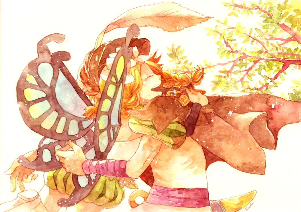 1boy 1girl blonde_hair braid butterfly_wings cape closed_eyes couple fairy flower hair_flower hair_ornament hat hat_feather hetero hug ingway_(odin_sphere) long_hair mercedes odin_sphere pointy_ears puff_and_slash_sleeves puffy_shorts puffy_sleeves rina_(michishirube) sash shorts smile tears topless traditional_media twin_braids watercolor_(medium) wings
