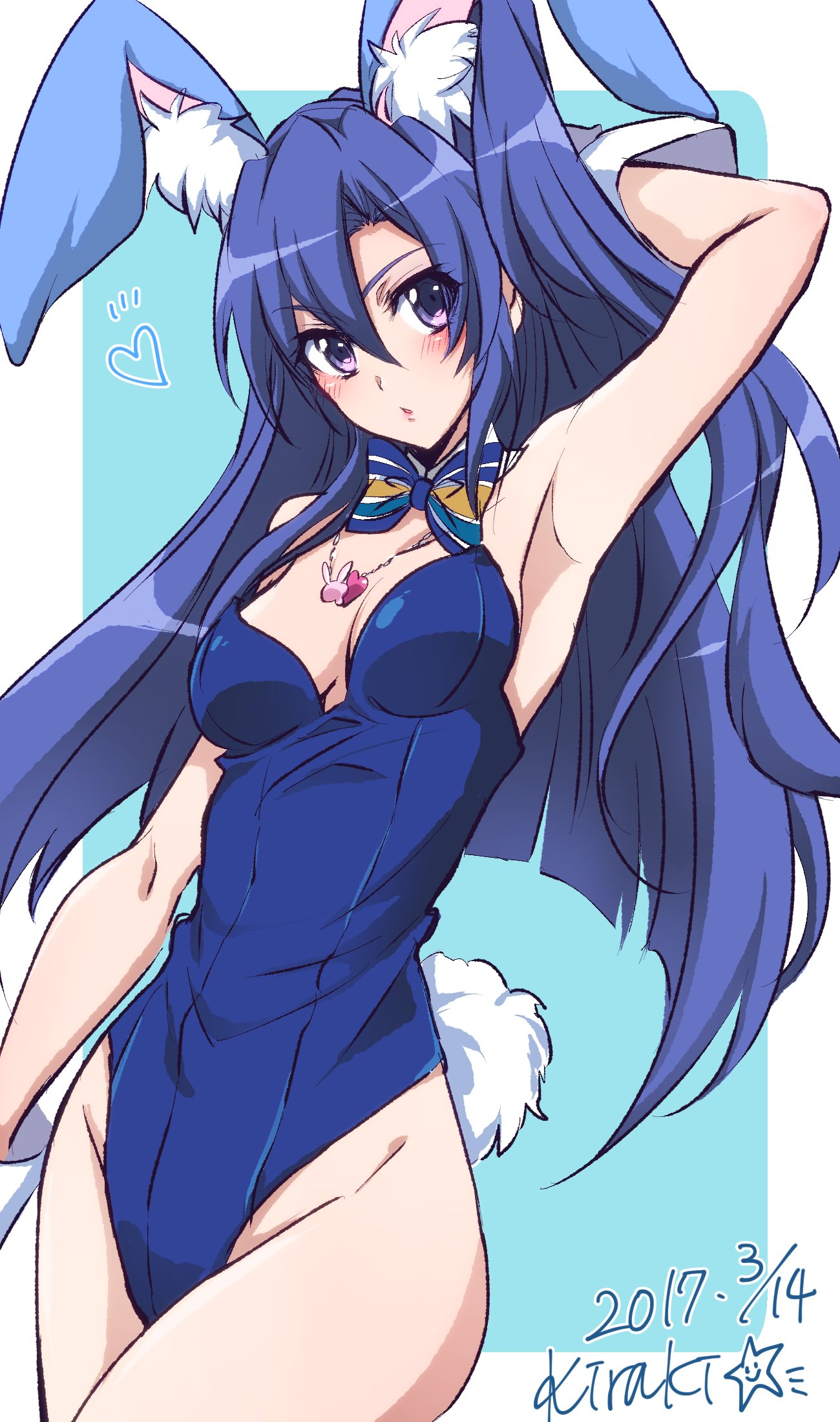 1girl animal_ears arm_up armpits artist_name bare_shoulders blue_eyes blue_hair blush bow breasts bunny_girl bunny_tail bunnysuit commentary_request dated detached_collar fake_animal_ears heart highres jewelry kazanari_tsubasa kiraki long_hair looking_at_viewer medium_breasts necklace open_mouth rabbit_ears senki_zesshou_symphogear shiny shiny_hair shiny_skin side_ponytail solo tail wrist_cuffs