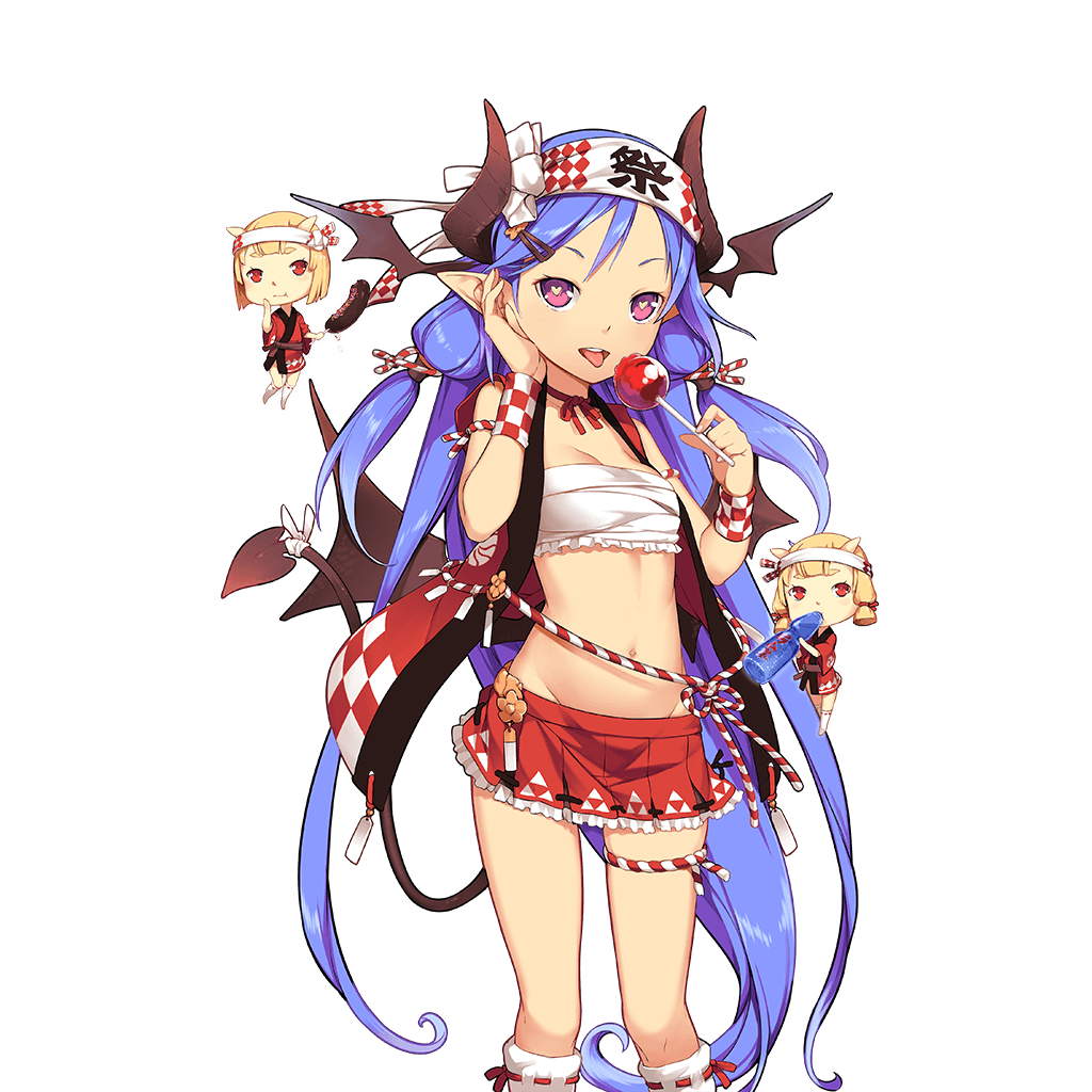 3girls aoi_tsunami arm_strap blue_hair candy_apple charmy_(uchi_no_hime-sama) demon_girl demon_horns demon_tail demon_wings food groin hand_on_own_face head_wings heart heart-shaped_pupils holding horns kneehighs long_hair looking_at_viewer minigirl multiple_girls navel neck_ribbon official_art open_mouth pleated_skirt pointy_ears red_eyes ribbon ribbon-trimmed_legwear ribbon_trim skirt symbol-shaped_pupils tail thigh_strap transparent_background uchi_no_hime-sama_ga_ichiban_kawaii very_long_hair wings wristband
