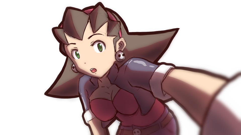1girl belt breasts brown_hair capcom cleavage earrings fdmpro gloves green_eyes hair_slicked_back hairband jacket jewelry open_mouth pink_hairband rockman rockman_dash short_hair short_sleeves solo tron_bonne