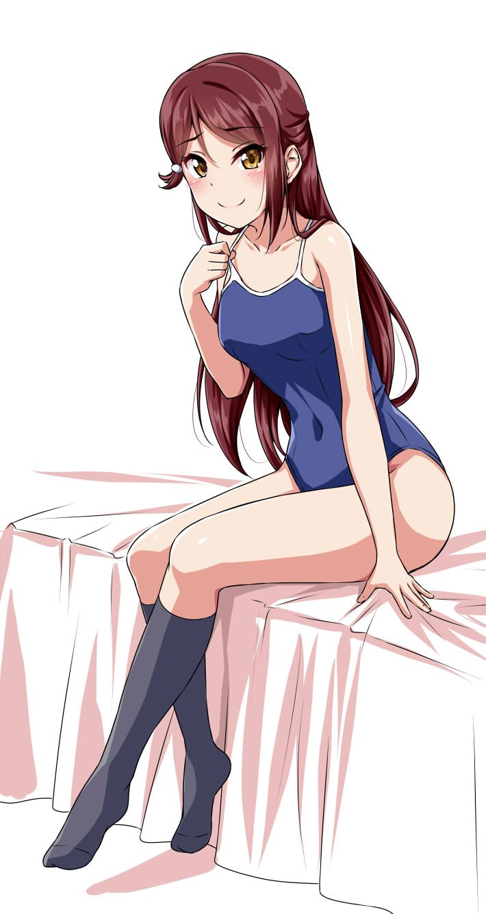 1girl black_legwear blue_swimsuit blush commentary_request competition_school_swimsuit covered_navel hair_ornament hairclip half_updo highres kneehighs long_hair looking_at_viewer love_live! love_live!_sunshine!! no_shoes on_bed one-piece_swimsuit redhead sakurauchi_riko school_swimsuit sitting sitting_on_bed smile solo strap_lift swimsuit yellow_eyes yopparai_oni