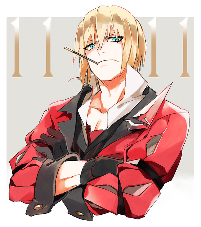 1boy black_gloves blonde_hair blue_eyes crossed_arms dated eizen_(tales) food food_in_mouth gloves gotou_(pixiv37128) grey_background looking_at_viewer male_focus pocky pocky_day shaded_face short_hair solo square tales_of_(series) tales_of_berseria