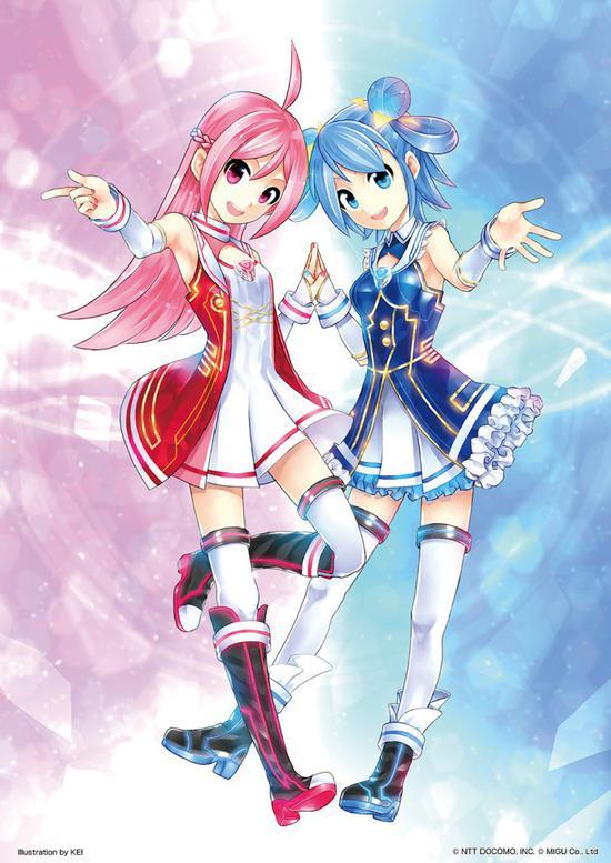 2girls :d ahoge ankle_boots black_boots blue_hair blue_nails blue_vest boots braid breasts cleavage_cutout detached_sleeves double_bun dress dress_shirt french_braid frilled_skirt frills full_body glowing hair_bun hair_rings kei_(bekei) kei_(keigarou) knee_boots kneehighs leg_up long_hair long_sleeves looking_at_viewer multiple_girls nail_polish ntt_docomo open_clothes open_mouth open_vest original outstretched_arm palms pink_hair pink_nails pleated_skirt red_vest shirt skirt sleeveless sleeveless_dress small_breasts smile standing standing_on_one_leg tareme thigh-highs vest white_dress white_legwear white_skirt zettai_ryouiki