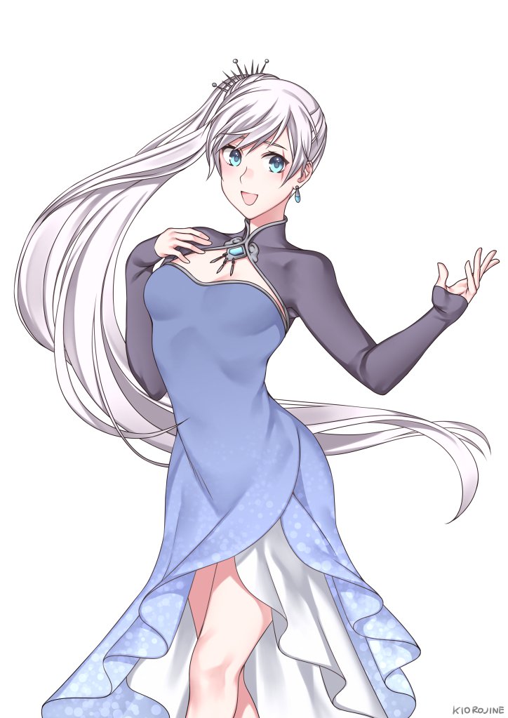 1girl blue_dress blue_eyes blush dress kio_rojine long_hair looking_at_viewer open_mouth rwby scar side_ponytail smile weiss_schnee white_background white_hair