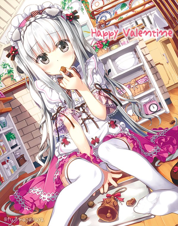 1girl animal_ears apron chocolate chocolate_heart dog_ears eating fujima_takuya happy_valentine heart holding long_hair looking_at_viewer maid maid_apron maid_headdress original sitting solo thigh-highs tray white_legwear zettai_ryouiki