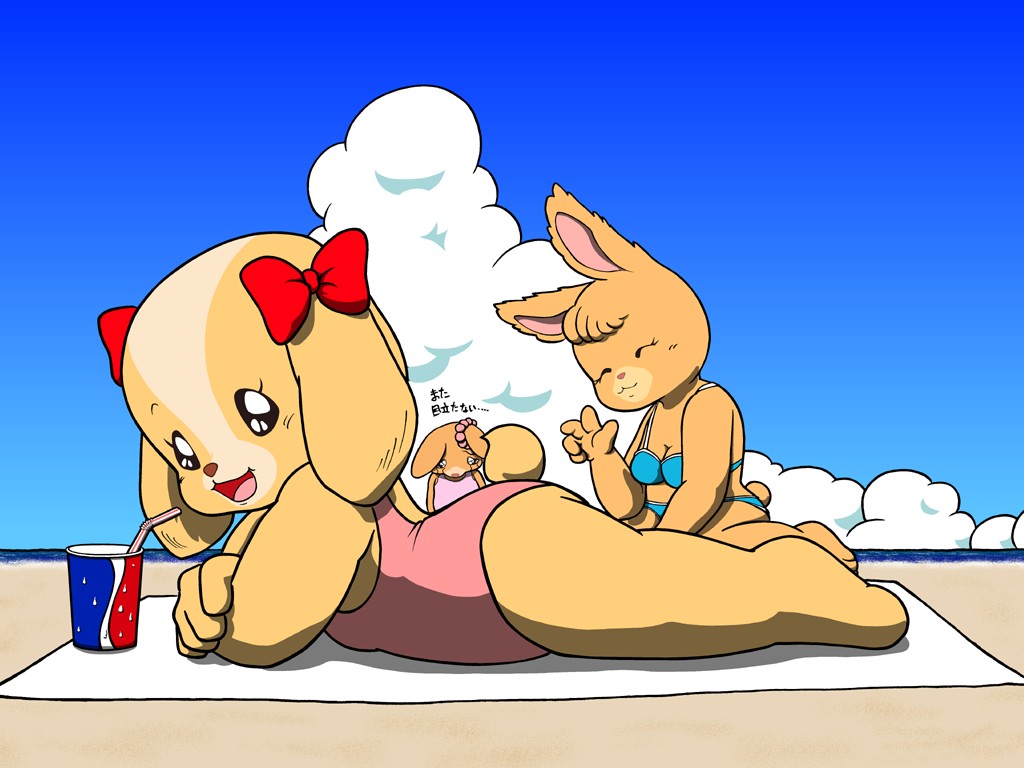 3girls beach bikini crying crying_with_eyes_open dog furry happy maple_town multiple_girls no_humans oldschool patty_(maple_town) rabbit ribbon rolly_(maple_town) siblings sisters sitting smile swimsuit tears ten