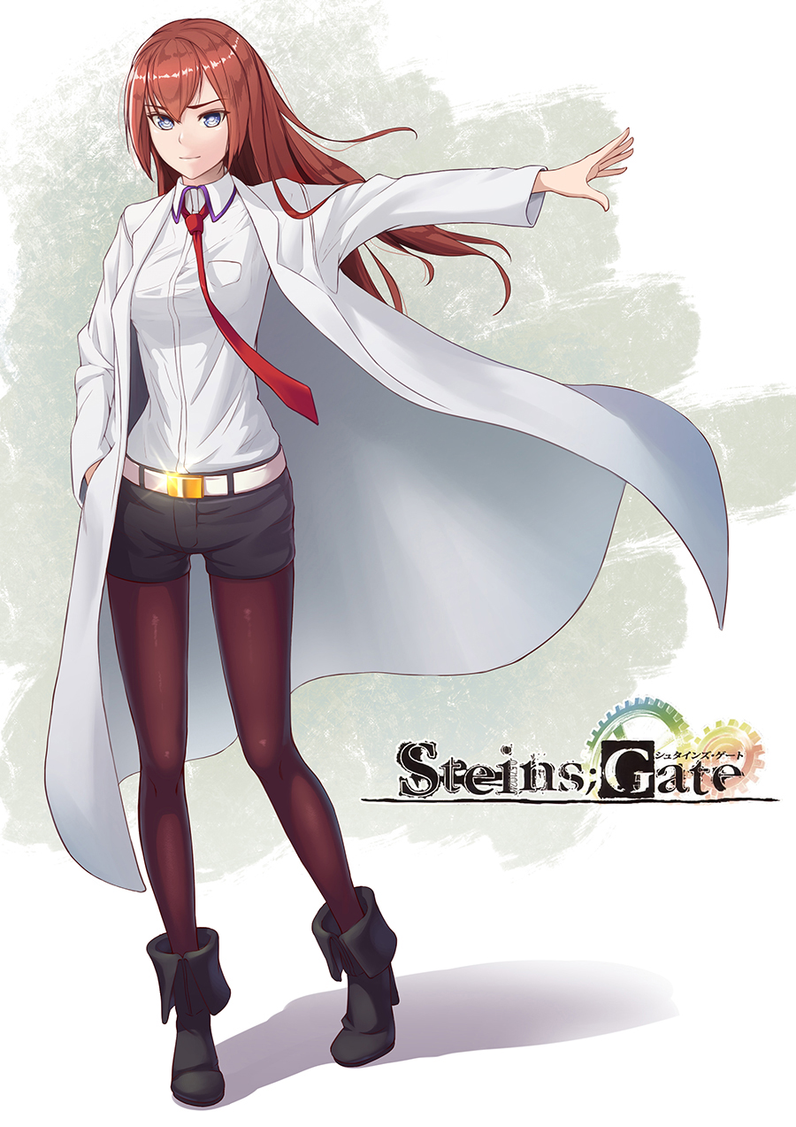 1girl belt black_shoes black_shorts c-eye copyright_name full_body glint grey_eyes hand_in_pocket highres labcoat long_hair looking_at_viewer makise_kurisu necktie outstretched_hand pantyhose red_necktie redhead shirt shoes shorts solo standing steins;gate white_shirt