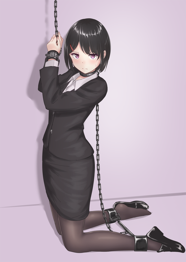 1girl bad_id bad_twitter_id bangs bdsm black_hair black_shoes black_skirt blush bondage bound bound_wrists chains closed_mouth duplicate eyebrows_visible_through_hair formal hair_ornament hairclip kneeling loafers looking_at_viewer office_lady original pantyhose pencil_skirt purple_background sakuragi_minako shadow shoes short_hair simple_background skirt solo suit sweatdrop violet_eyes