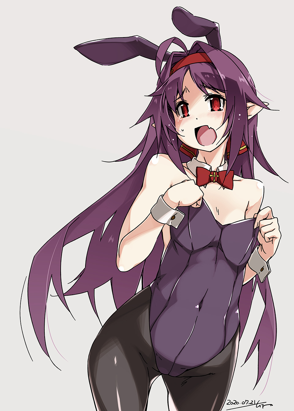 1girl animal_ears ass_visible_through_thighs black_legwear black_leotard bow bowtie bunny_girl bunnysuit commentary_request covered_navel cowboy_shot detached_collar fang flat_chest grey_background hairband highres leotard long_hair looking_to_the_side open_mouth pantyhose pointy_ears purple_hair purple_leotard rabbit_ears red_eyes red_hairband red_neckwear shikei simple_background skin_fang solo strapless strapless_leotard sword_art_online wrist_cuffs yuuki_(sao)