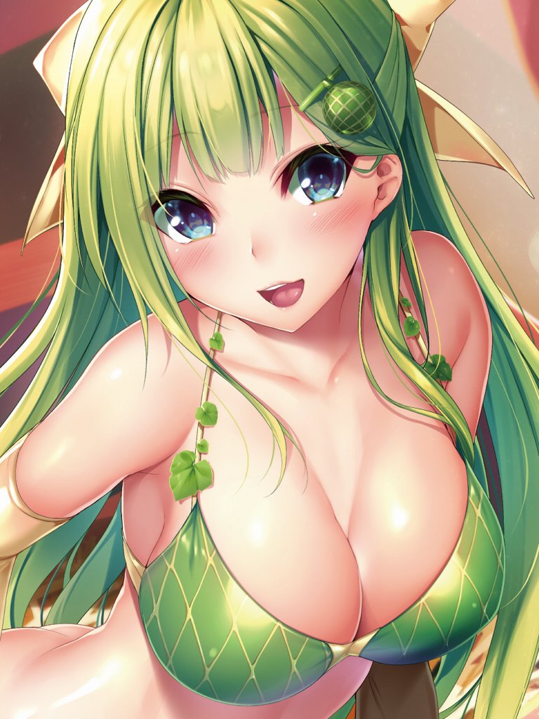 1girl :d armlet armpits bangs bare_shoulders bikini bikini_top blue_eyes blunt_bangs blush bow breasts cleavage close-up collarbone copyright_request eyebrows_visible_through_hair food_themed_hair_ornament green_bikini green_hair hair_bow hair_ornament head_tilt large_breasts leaf long_hair looking_at_viewer melon_hair_ornament melonbooks nironiro open_mouth round_teeth smile solo swimsuit teeth upper_body yellow_bow