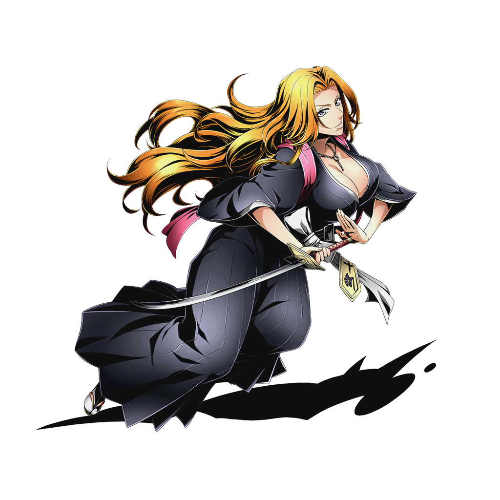1girl bleach blonde_hair blue_eyes breasts cleavage divine_gate female floating_hair full_body hakama holding holding_sword holding_weapon japanese_clothes jewelry katana kimono large_breasts long_hair matsumoto_rangiku mole mole_under_mouth necklace official_art pleated shadow simple_background solo sword transparent_background ucmm very_long_hair weapon white_legwear