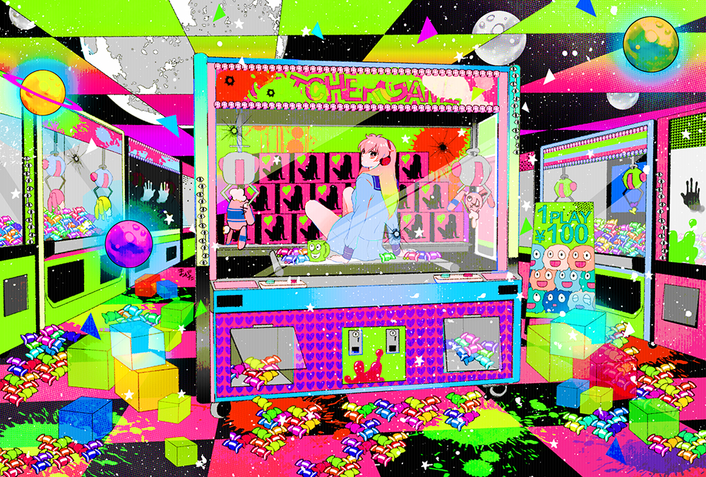 1girl abstract arcade arcade_cabinet arm_support arms_behind_back artist_name bangs blue_skirt box broken_glass bullet_hole candy ceiling claw_machine coin_slot colorful crossed_ankles cube cup english eyes floating floating_object folding_sign food from_behind game glass glowing hair_between_eyes hair_over_shoulder headphones heart heart_pattern knees_up leaning_back long_hair long_sleeves looking_at_viewer looking_back machine magatan mug original parted_bangs pink_eyes pink_hair planet playing_games pleated_skirt prize_game pushbutton sailor_collar school_uniform see-through serafuku sign skirt skirt_set sky solo space splatter star star_(sky) starry_sky stuffed_animal stuffed_bunny stuffed_toy stuffing text tile_ceiling tiles translation_request triangle wheels wrapped_candy yen_sign