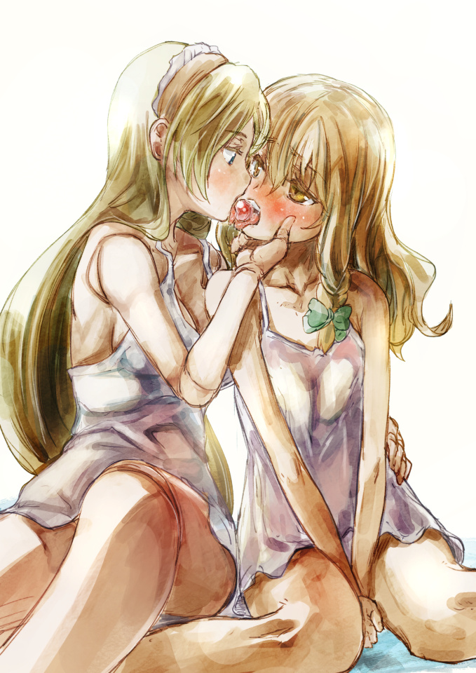 2girls babydoll bare_legs blonde_hair blue_eyes breasts camisole cleavage doll_joints eye_contact french_kiss hairband kirisame_marisa kiss long_hair looking_at_another medium_breasts multiple_girls no_hat no_headwear saliva shanghai_doll shared_food sitting tongue tongue_out touhou wariza yellow_eyes yohane yuri