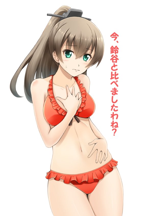 1girl bikini blue_eyes breasts brown_hair embarrassed eyebrows_visible_through_hair frilled_bikini frills fuuma_nagi hair_between_eyes hair_ornament halterneck hand_on_own_chest hand_on_own_stomach kantai_collection kumano_(kantai_collection) long_hair looking_at_viewer medium_breasts navel ponytail red_bikini simple_background swimsuit translation_request white_background