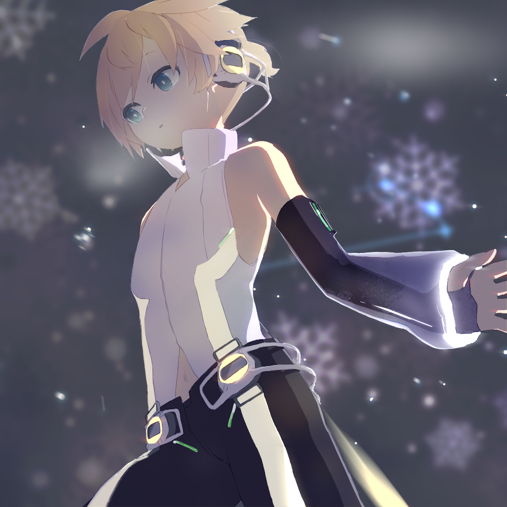 1boy black_shorts blonde_hair blue_eyes blurry blurry_background cowboy_shot d_futagosaikyou detached_sleeves from_below headphones high_collar hip_gear kagamine_len kagamine_len_(append) looking_to_the_side male_focus outstretched_arm parted_lips see-through_sleeves shirt short_ponytail shorts sleeveless sleeveless_shirt snowflakes solo vocaloid vocaloid_append white_shirt