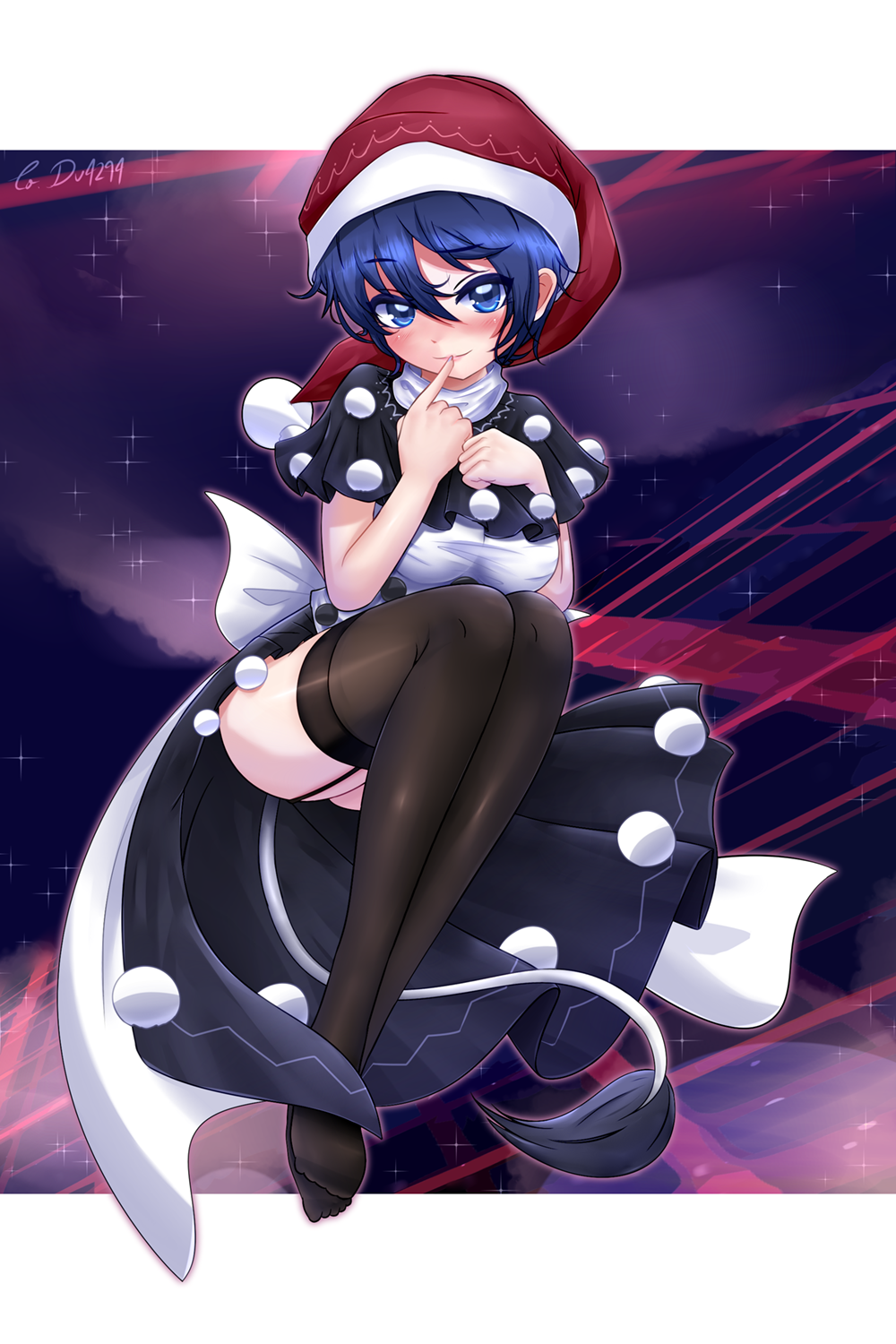 1girl ass aura bangs black_dress black_legwear blue_eyes blue_hair blush breasts capelet clouds colored_eyelashes doremy_sweet dress eyebrows_visible_through_hair finger_to_mouth garter_straps grid hair_between_eyes hand_on_own_chest hat highres lace lace_legwear letterboxed looking_at_viewer medium_breasts nightcap no_shoes open_clothes open_dress outline pom_pom_(clothes) shiny shiny_clothes shiny_hair shiny_skin short_hair side_glance sky smile solo star_(sky) starry_sky tail tapir_tail taut_clothes taut_dress thigh-highs thighs touhou turtleneck welchsbinn white_border white_dress