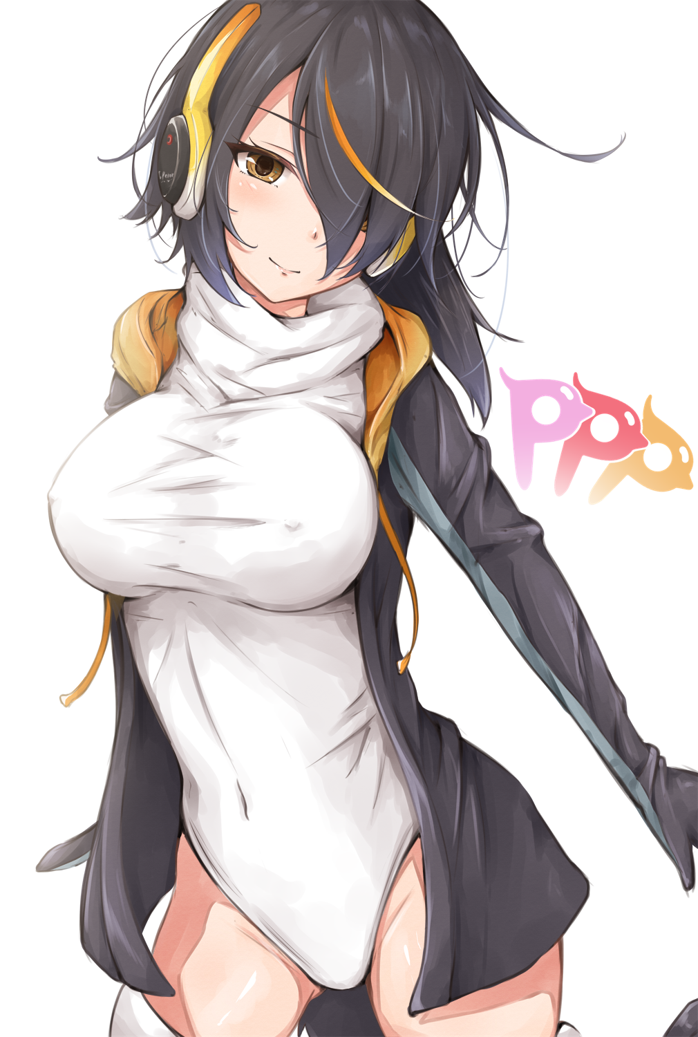 1girl bangs black_hair blonde_hair blush breasts brown_eyes closed_mouth covered_navel cowboy_shot emperor_penguin_(kemono_friends) erect_nipples group_name hair_over_one_eye headphones highleg highleg_leotard highres hood hoodie kemono_friends large_breasts legs_apart leotard light_smile looking_at_viewer multicolored_hair open_clothes open_hoodie simple_background smile solo standing streaked_hair takumin_(takumi415) thigh-highs thighs white_background white_legwear white_leotard