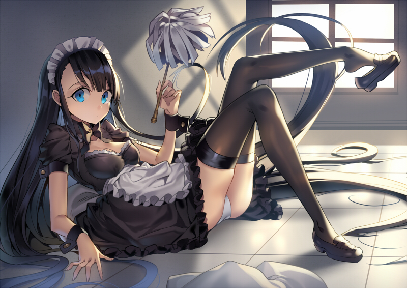 1girl absurdly_long_hair apron arm_support ass bangs black_dress black_hair black_shoes blue_eyes blunt_bangs bow bowtie breasts brown_legwear carchet cleavage closed_mouth dress frilled_apron frilled_skirt frills holding indoors knees_up leg_up loafers long_hair lying maid maid_apron maid_headdress medium_breasts on_back original panties pantyshot pantyshot_(lying) puffy_short_sleeves puffy_sleeves shoe_dangle shoes short_sleeves sidelocks skirt solo thigh-highs tile_floor tiles underwear very_long_hair white_panties window wrist_cuffs
