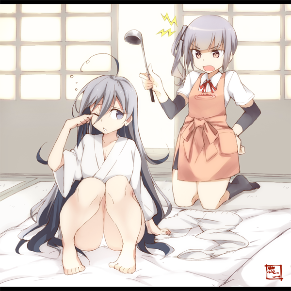 &gt;:o 2girls :o ahoge apron arm_warmers brown_eyes commentary_request futon grey_eyes grey_hair hand_on_hip kantai_collection kasumi_(kantai_collection) kiyoshimo_(kantai_collection) kneeling knees_together_feet_apart ladle letterboxed long_hair multiple_girls one_eye_closed panties pants_removed side_ponytail sitting sleepy souji underwear white_panties