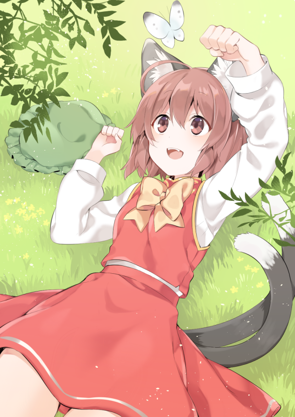 1girl :d ahoge akagashi_hagane animal animal_ears arm_up brown_eyes brown_hair butterfly cat_ears cat_tail chen clenched_hands dot_nose eyebrows_visible_through_hair eyelashes fangs fingernails frilled_hat frills grass green_hat hair_between_eyes hat hat_removed headwear_removed long_sleeves looking_up lying mob_cap multiple_tails neck_ribbon on_back open_mouth outdoors paw_pose plant red_shirt red_skirt ribbon sanpaku shirt short_hair skirt skirt_set sleeveless sleeveless_shirt smile tail tareme touhou two_tails white_shirt yellow_ribbon