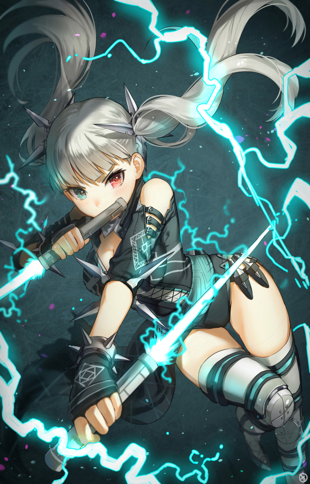 1girl bangs black_gloves black_leotard blue_eyes blunt_bangs bracelet breasts cleavage contrapposto covered_mouth cyphers dual_wielding electricity energy_sword fingerless_gloves floating_hair gloves grey_hair grey_legwear hair_ornament heterochromia hieung highres holding holding_sword holding_weapon jewelry knee_up leotard long_hair looking_at_viewer medium_breasts red_eyes signature solo spiked_bracelet spikes sword thigh-highs thighs trixie_(cyphers) twintails weapon