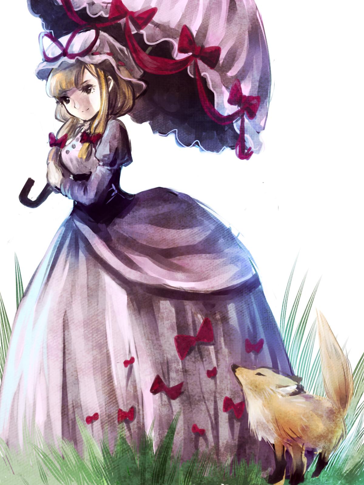 1girl alternate_costume backlighting blonde_hair bow commentary corset dress ears fox grass hair_bow hair_up head_tilt highres holding holding_umbrella long_sleeves puffy_long_sleeves puffy_sleeves purple_dress ribbon sanso simple_background smile solo touhou umbrella violet_eyes white_background yakumo_yukari