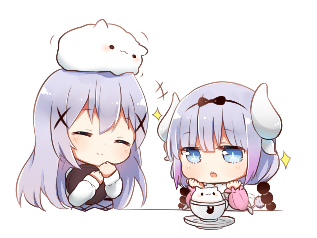 2girls beads blue_eyes blue_hair chibi closed_eyes cup flot gochuumon_wa_usagi_desu_ka? hair_beads hair_ornament hairband hairclip hand_to_own_mouth hands_on_own_face horns kafuu_chino kanna_kamui kobayashi-san_chi_no_maidragon long_hair multiple_girls open_mouth ribbon smile tail teacup tippy_(gochiusa) twintails upper_body