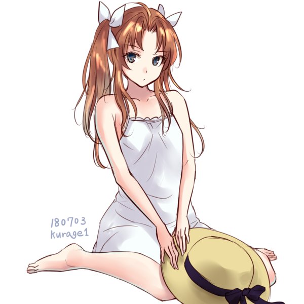 1girl black_eyes bow breasts brown_hair eyebrows_visible_through_hair hair_bow hat kagerou_(kantai_collection) kantai_collection kurage1 long_hair looking_at_viewer simple_background sitting sleepwear small_breasts solo straw_hat white_background