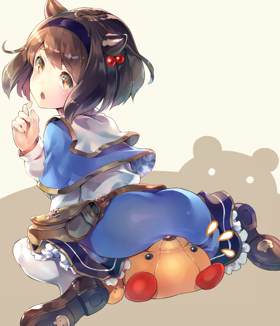 1girl ass bag brown_hair deecha finger_to_mouth granblue_fantasy handbag headband horns looking_at_viewer looking_back shadow solo stuffed_animal stuffed_toy teddy_bear yaia_(granblue_fantasy) yellow_eyes