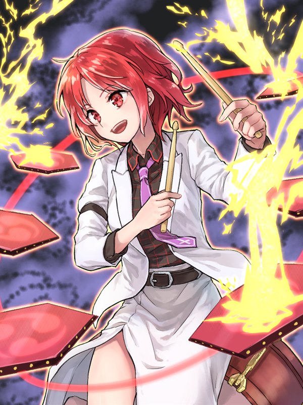 1girl akidzuki_haruhi beltskirt drum drumsticks fire holding horikawa_raiko instrument mitsudomoe_(shape) necktie open_mouth purple_necktie red_eyes redhead shirt short_hair skirt solo tomoe_(symbol) touhou white_shirt white_skirt