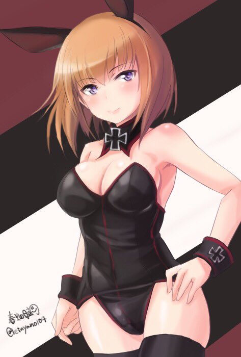 1girl animal_ears artist_name black_legwear black_leotard blue_eyes brave_witches breasts brown_hair bunnysuit cleavage closed_mouth cowboy_shot detached_collar fake_animal_ears gundula_rall hand_on_hip haruhata_mutsuki iron_cross leotard light_smile looking_at_viewer medium_breasts rabbit_ears short_hair signature solo standing strapless strapless_leotard thigh-highs twitter_username world_witches_series wristband