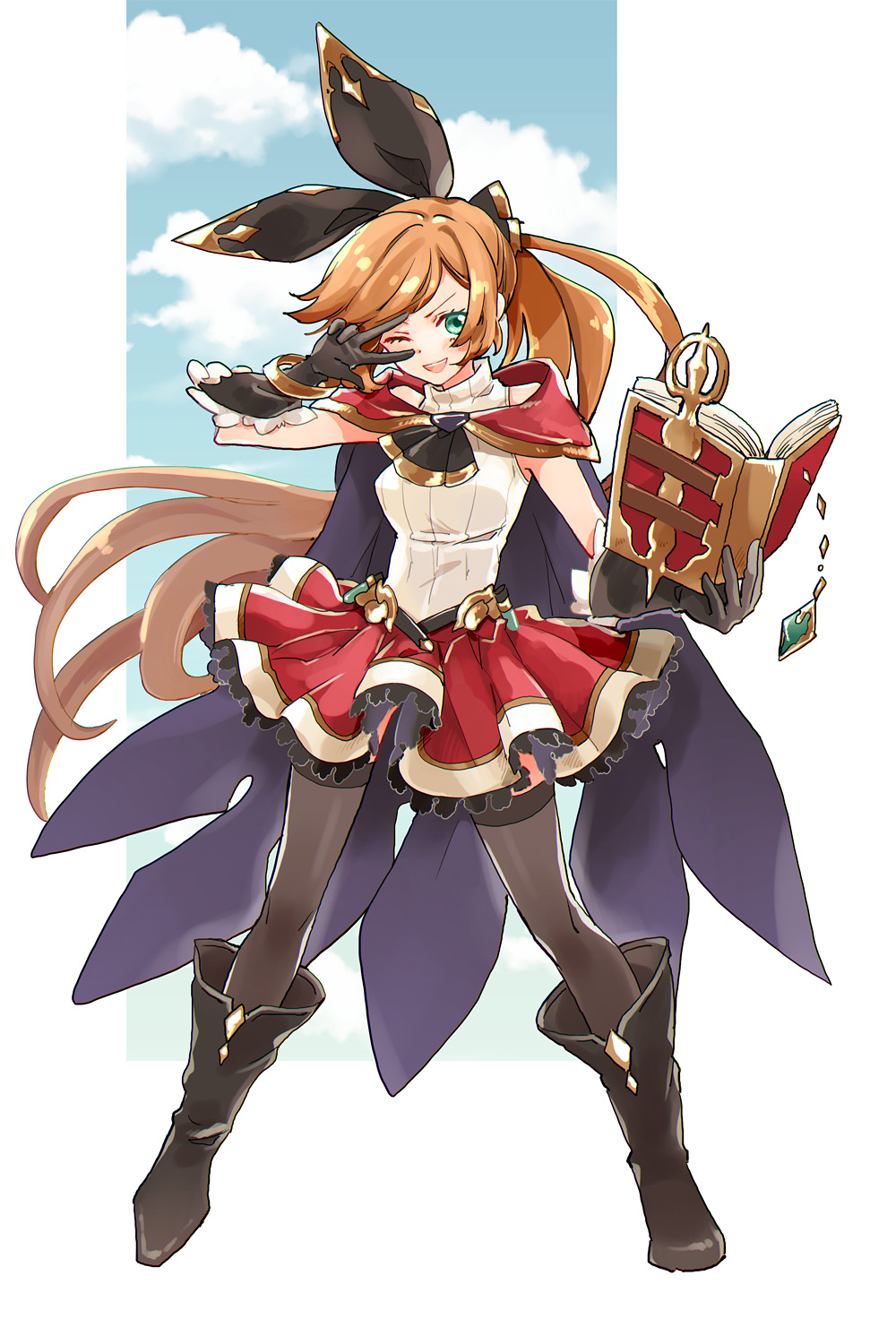 1girl aqua_eyes black_gloves black_legwear blush book breasts brown_hair cape clarisse_(granblue_fantasy) gloves granblue_fantasy green_eyes hair_ribbon highres long_hair looking_at_viewer one_eye_closed open_mouth orange_hair ponytail popoin ribbon skirt sleeveless smile solo thigh-highs turtleneck