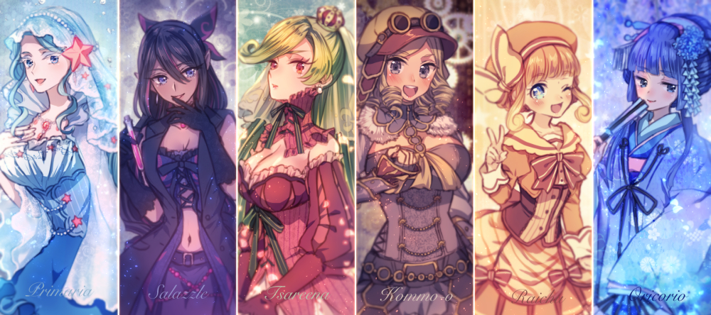 6+girls :d :p ;d alolan_raichu bangs belt black_bow black_coat black_gloves black_hair black_ribbon blue_dress blue_eyes blue_flower blue_hair blue_kimono blunt_bangs bow breasts brown_bow brown_hair brown_hat buckle buttons character_name cleavage clenched_hand closed_mouth coat collarbone colored_eyelashes column_lineup corset cowboy_shot cross-laced_clothes crown dark_skin detached_collar detached_sleeves dress drill_hair elbow_gloves eyebrows_visible_through_hair fan finger_to_mouth fingerless_gloves flat_cap floral_background flower folding_fan fur_trim gears gloves goggles goggles_on_headwear green_hair grey_eyes hair_between_eyes hair_bow hair_flower hair_ornament hairband hand_on_own_chest hand_up hands_up hat holding holding_fan japanese_clothes jewelry juliet_sleeves kanzashi kimono kommo-o large_breasts long_hair long_sleeves looking_at_viewer looking_to_the_side medium_breasts midriff mini_crown moe_(hamhamham) multiple_girls navel neck_ribbon necklace one_eye_closed open_clothes open_coat open_mouth orange_hair oricorio pants paper_fan personification petals pink_dress pocket pointy_ears pokemon primarina puffy_sleeves red_eyes ribbon round_teeth ruby_(stone) salazzle short_hair smile standing star starfish_hair_ornament strapless strapless_dress swept_bangs tage teeth test_tube tongue tongue_out tsareena tubetop twin_drills v vambraces veil vial violet_eyes wavy_hair wide_sleeves yellow_bow yellow_dress yellow_hat