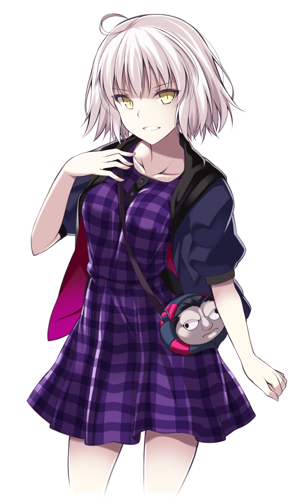 1girl bag breasts caster_(fate/zero) casual collarbone dress fate/grand_order fate_(series) handbag jeanne_alter looking_at_viewer medium_breasts oota_yuuichi ruler_(fate/apocrypha) short_hair silver_hair simple_background solo white_background yellow_eyes