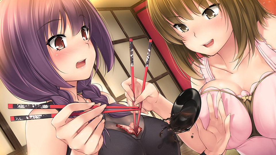 2girls :d bangs bare_arms bare_shoulders between_breasts blush bow bow_panties braid breast_press breasts brown_eyes brown_hair brown_panties charlotte_(negligee) chopsticks cleavage collarbone dutch_angle eating eyebrows_visible_through_hair eyes_visible_through_hair food food_between_breasts food_on_clothes game_cg hair_between_eyes hair_over_shoulder holding holding_chopsticks indoors kopianget large_breasts lips long_hair looking_at_another multiple_girls negligee_(game) nose_blush open_mouth panties panties_on_breasts panties_on_outside panties_over_clothes panties_over_shirt purple_hair raised_eyebrows red_eyes restaurant see-through short_hair smile sophie_(negligee) spill surprised tank_top teeth tsurime twin_braids underwear upper_body