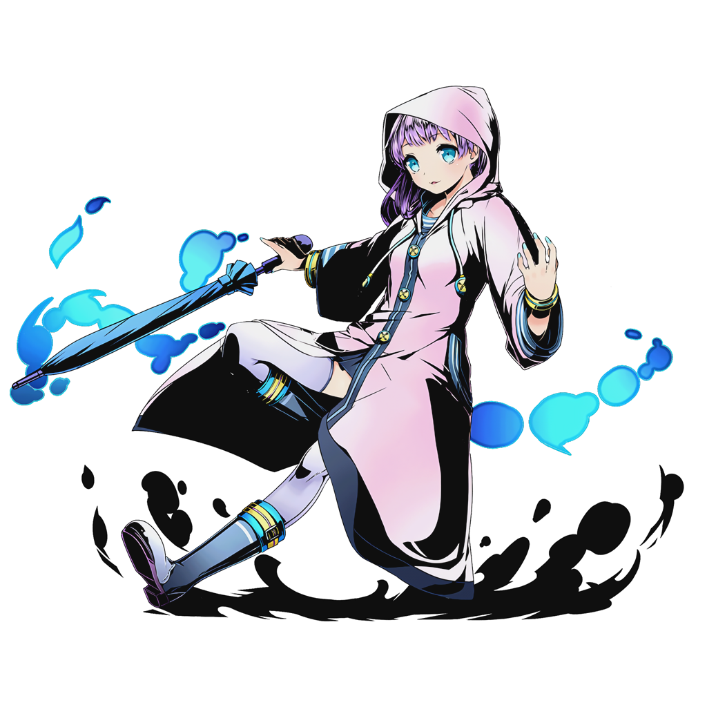 1girl blue_eyes bracelet closed_umbrella divine_gate eyebrows_visible_through_hair full_body holding holding_umbrella hood jewelry official_art one_leg_raised pink_coat purple_hair rojin saikikkusu shadow short_hair solo thigh-highs transparent_background ucmm umbrella