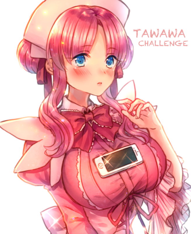 1girl bangs blissey blue_eyes blush breasts cellphone hat large_breasts long_hair moe_(hamhamham) nurse_cap parted_bangs personification phone pink_hair pokemon shiny smartphone tawawa_challenge upper_body