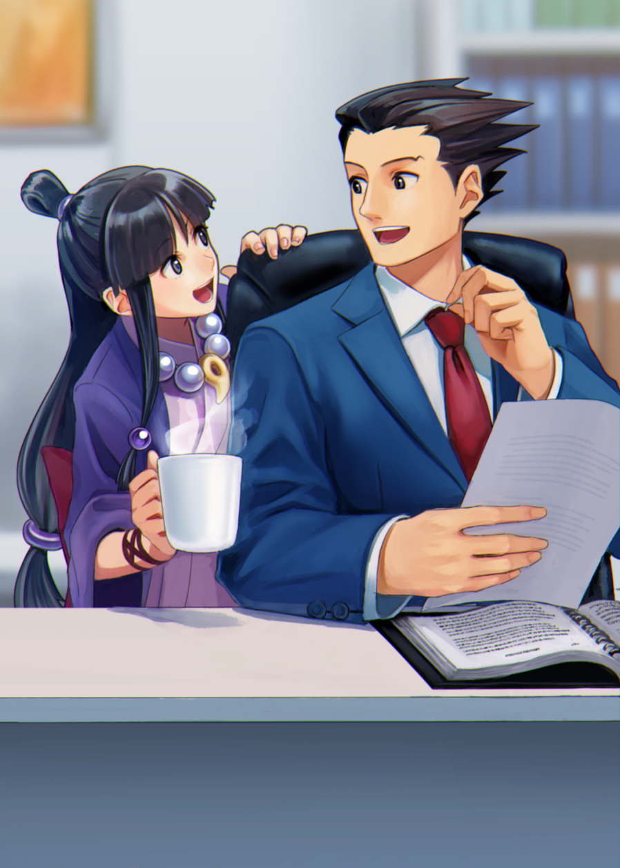 1boy 1girl ayasato_mayoi black_hair chair coffee_mug desk folder formal gyakuten_saiban half_updo highres holding japanese_clothes jewelry kimono long_hair magatama naruhodou_ryuuichi nashigaya_koyomi necklace necktie office office_chair open_mouth red_necktie short_hair sitting spiky_hair suit