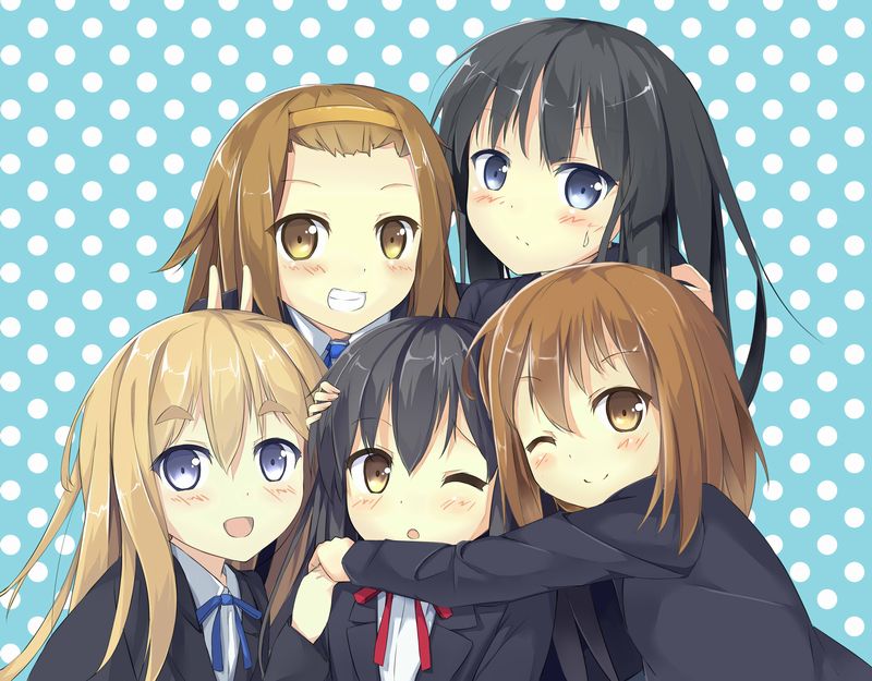 5girls :d :o ;) ;o akiyama_mio animal_ears black_hair blonde_hair blue_eyes blue_ribbon blush brown_eyes brown_hair cat_ears eyebrows_visible_through_hair headband hirasawa_yui hug k-on! kotobuki_tsumugi long_hair looking_at_viewer multiple_girls nakano_azusa one_eye_closed open_mouth polka_dot polka_dot_background red_ribbon ribbon short_hair smile sutorora tainaka_ritsu twintails