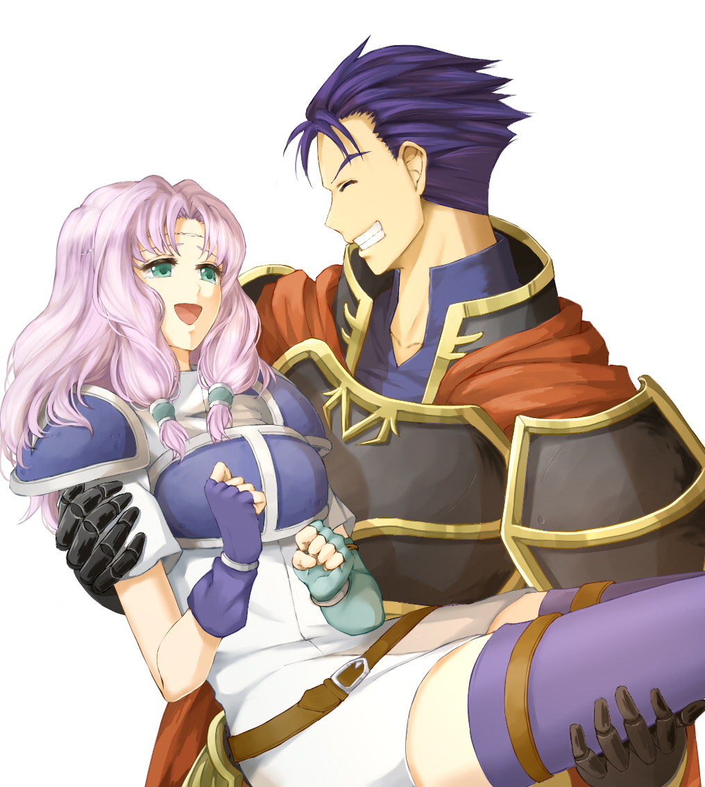 1boy 1girl aqua_eyes armor belt blue_hair breastplate breasts carrying circlet closed_eyes couple delsaber dress fingerless_gloves fire_emblem fire_emblem:_rekka_no_ken florina gloves grin hector_(fire_emblem) hetero lavender_hair long_hair looking_at_another open_mouth princess_carry short_hair simple_background smile tears thigh-highs upper_body white_background