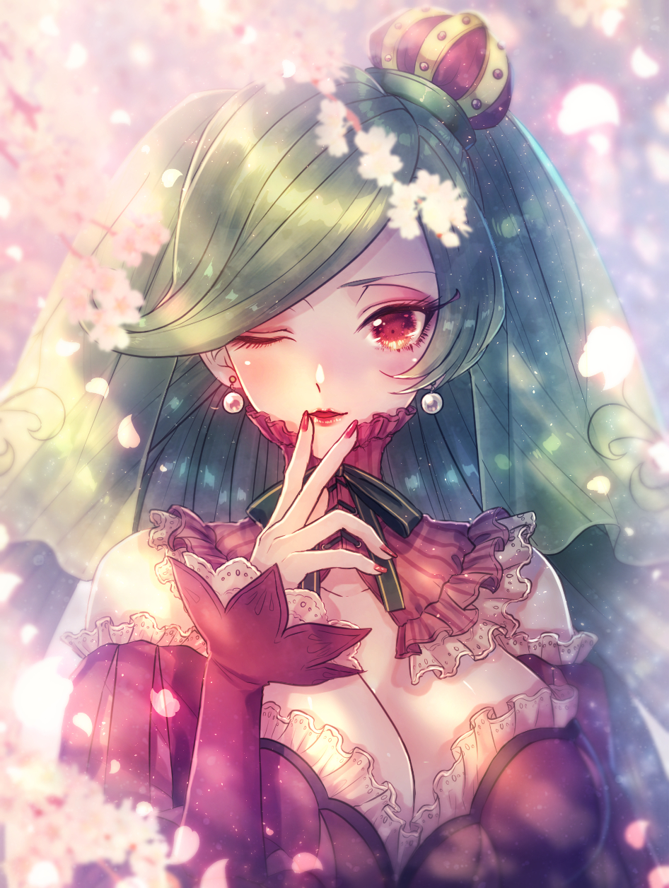 1girl bare_shoulders breasts cleavage crown detached_sleeves frills green_hair highres large_breasts lipstick long_hair looking_at_viewer makeup moe_(hamhamham) nail_polish one_eye_closed parted_lips pearl_earrings personification petals pink_eyes pokemon red_nails solo tsareena upper_body