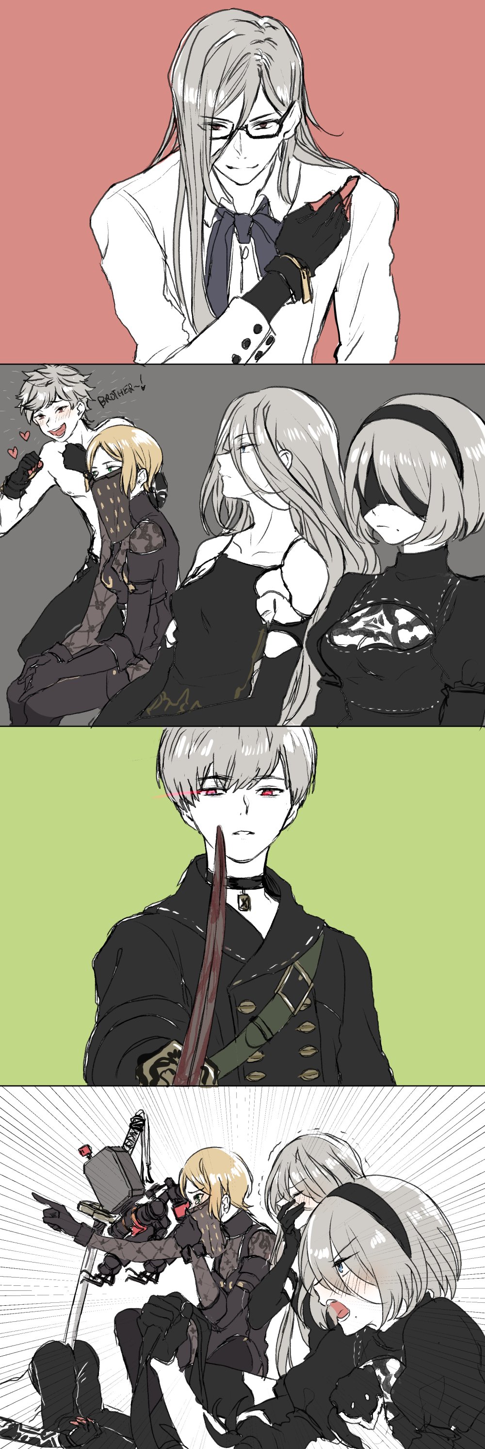 2boys 3girls 4koma absurdres adam_(nier_automata) adam_hughes anal_beads ass bangs blindfold blindfold_removed blonde_hair blue_eyes blush bowing breasts choker cleavage_cutout closed_eyes comic commentary covering_mouth daenarys dress elbow_gloves english eve_(nier_automata) gaijin_4koma glasses gloves grey_hair hair_between_eyes hairband heart highres holding holding_sword holding_weapon jacket long_hair medium_breasts multiple_boys multiple_girls nier_(series) nier_automata open_mouth operator_21o operator_6o pants parted_bangs pod_(nier_automata) pod_(pokemon) pointing red_eyes shirtless short_hair sitting smile spaghetti_strap sword tearing_up tears topless veil weapon yorha_no._2_type_b yorha_no._9_type_s yorha_type_a_no._2