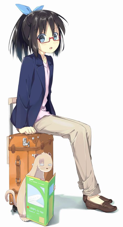 1girl animal black_hair blue_bow blue_eyes book bow character_request glasses hair_bow otter ponytail rolling_suitcase suitcase sutorora