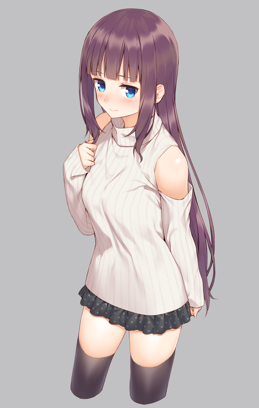 1girl black_skirt blue_eyes blush breasts brown_hair eyebrows_visible_through_hair frown grey_background highres large_breasts long_hair long_sleeves looking_at_viewer mikazuchi_zeus new_game! ribbed_sweater simple_background skirt sleeveless sleeveless_turtleneck solo sweater takimoto_hifumi turtleneck