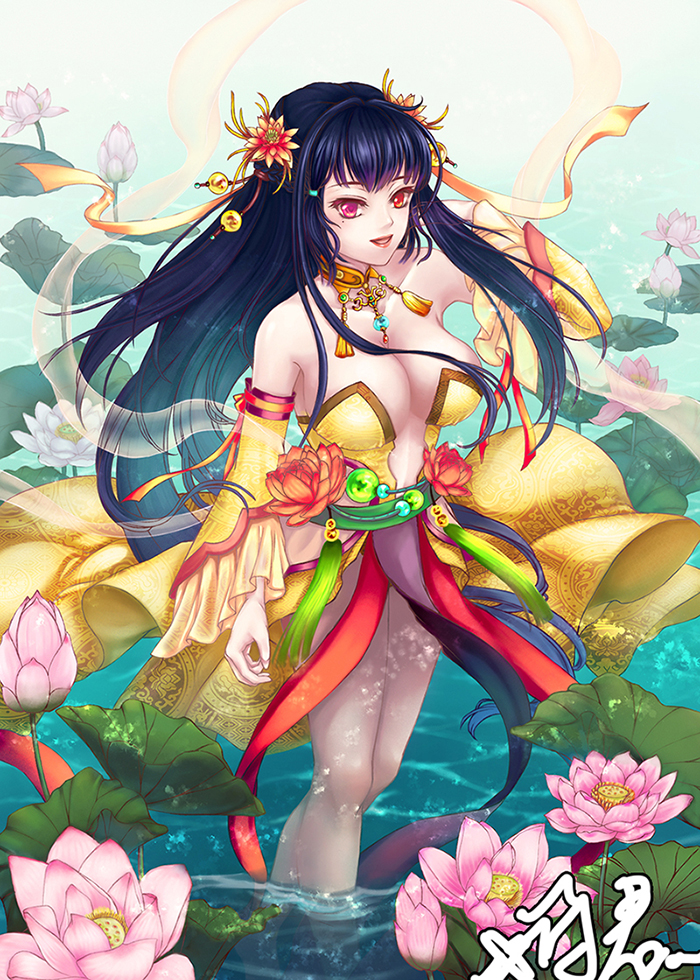 1girl adjusting_hair bare_shoulders black_hair breasts cleavage detached_sleeves dress flower full_body hair_flower hair_ornament heterochromia jewelry kisn152 lily_pad looking_at_viewer medium_breasts million_arthur_(series) necklace outdoors parted_lips pink_eyes red_eyes see-through silk smile solo wading yellow_dress