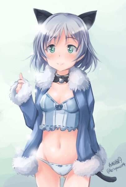 1girl animal_ears artist_name bangs blue_coat blue_panties blue_shirt bow bow_panties breasts camisole cat_ears cat_tail closed_mouth coat cowboy_shot crop_top detached_collar gluteal_fold green_eyes haruhata_mutsuki kemonomimi_mode light_smile long_sleeves looking_at_viewer midriff no_pants open_clothes open_coat panties sanya_v_litvyak shirt short_hair signature silver_hair small_breasts solo standing strike_witches tail thigh_gap twitter_username underwear world_witches_series