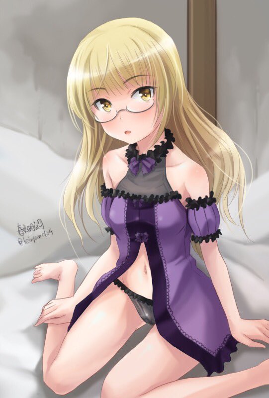 1girl arm_support armlet artist_name babydoll bangs bed black_panties blonde_hair full_body glasses halterneck haruhata_mutsuki lingerie long_hair looking_at_viewer panties parted_lips perrine_h_clostermann signature sitting solo strike_witches twitter_username underwear underwear_only wariza world_witches_series yellow_eyes